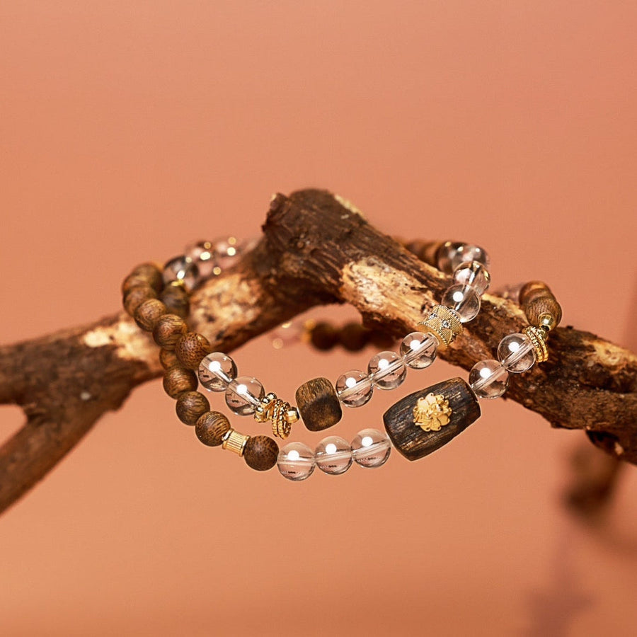 Natural Agarwood & Clear Crystal Beaded Bracelet